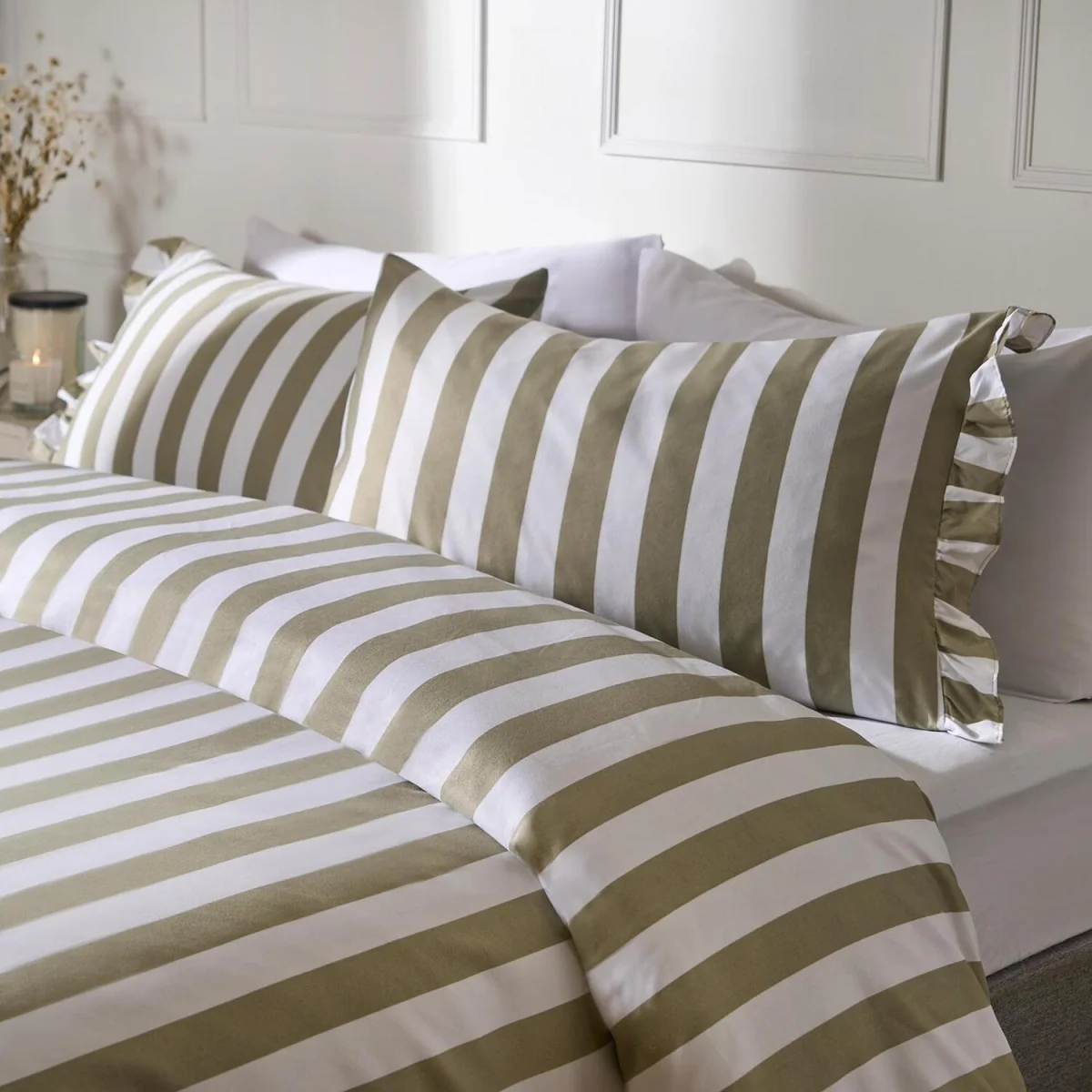 OHS Stripe Print Frill Edge Duvet Cover Set - Sage / 0.83kg – image 1