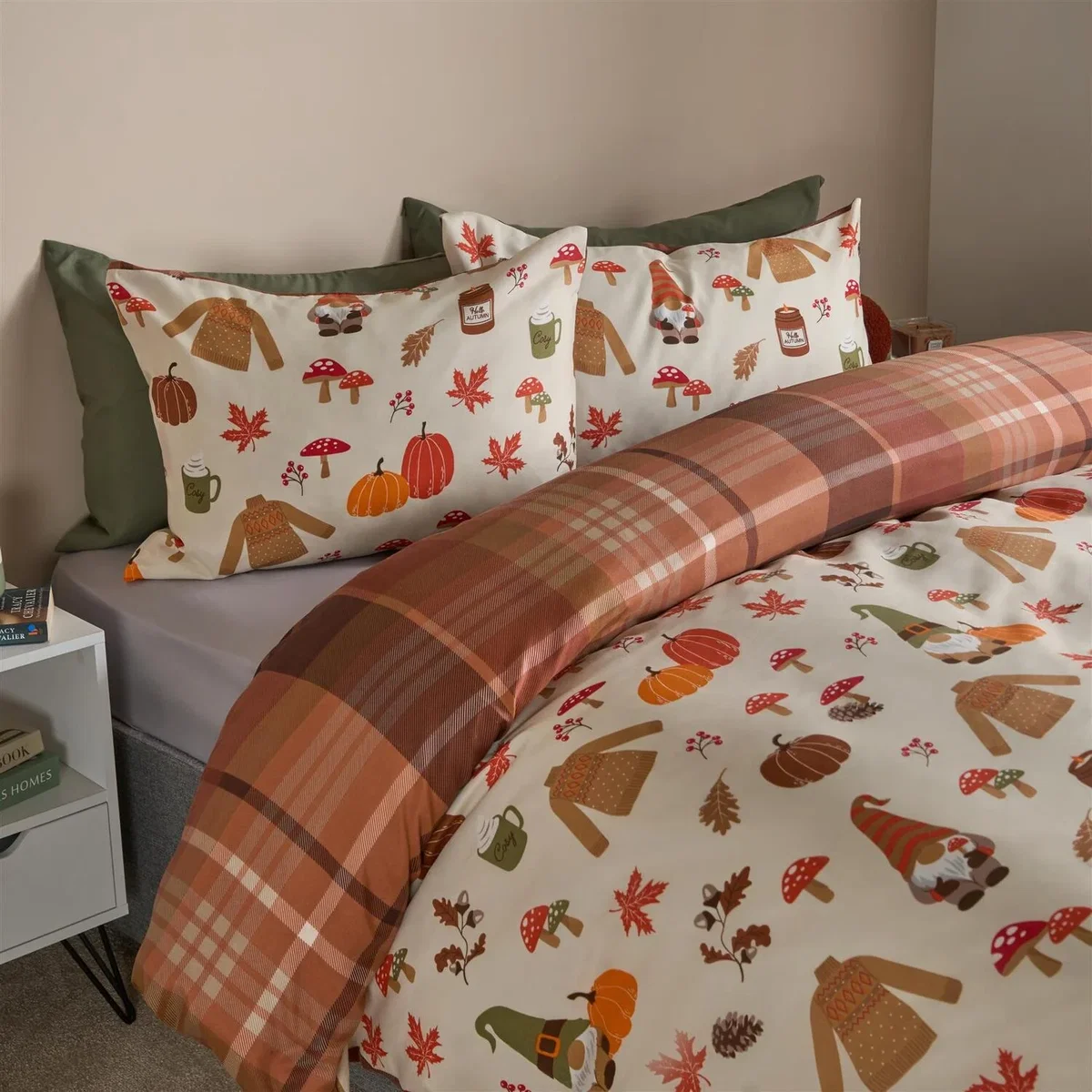 OHS Autumnal Novelty Checked Reversible Duvet Cover Set - Cream/Rust / 0.99kg – image 3