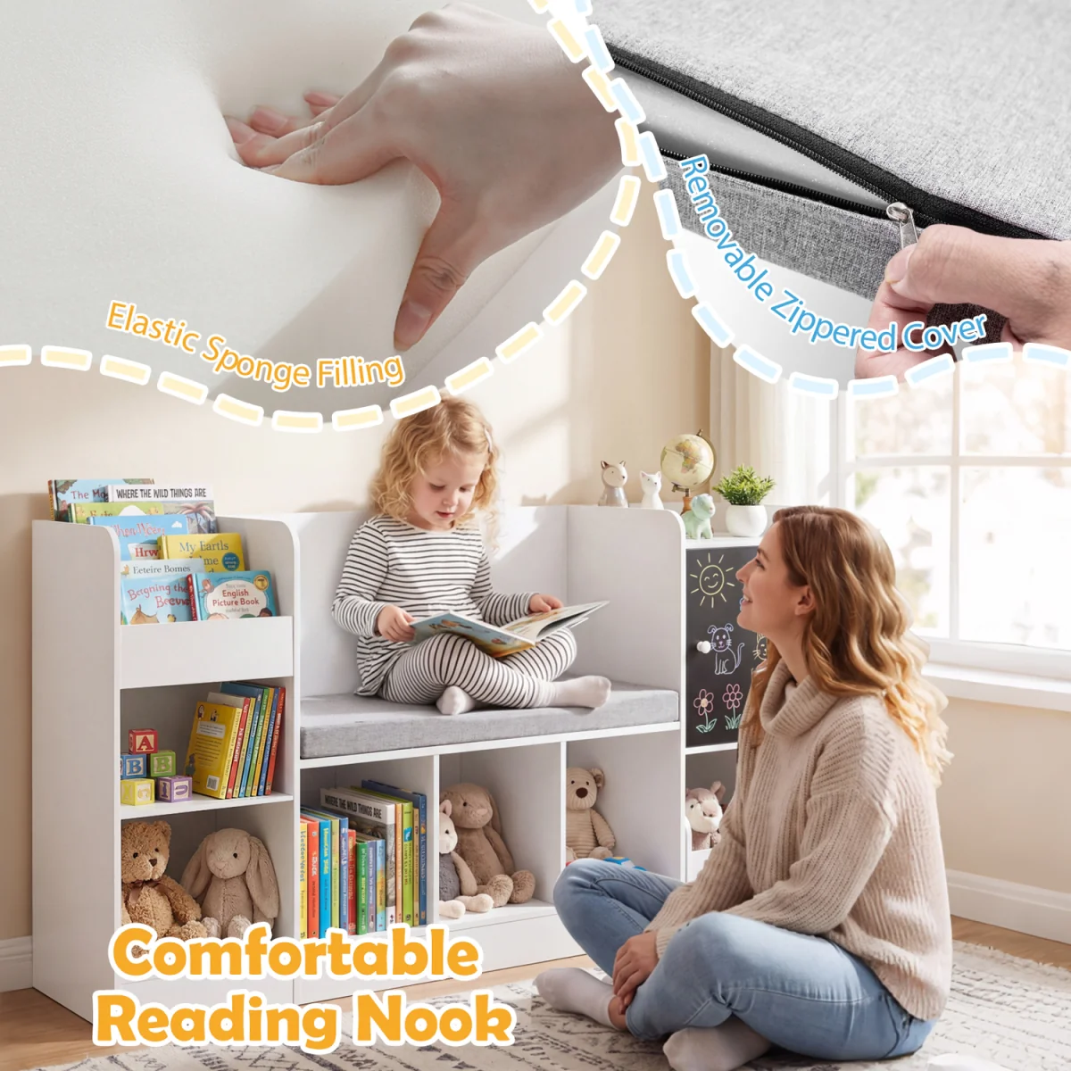 Kids Bookcase and Bookshelf with Reading Nook - White – image 11