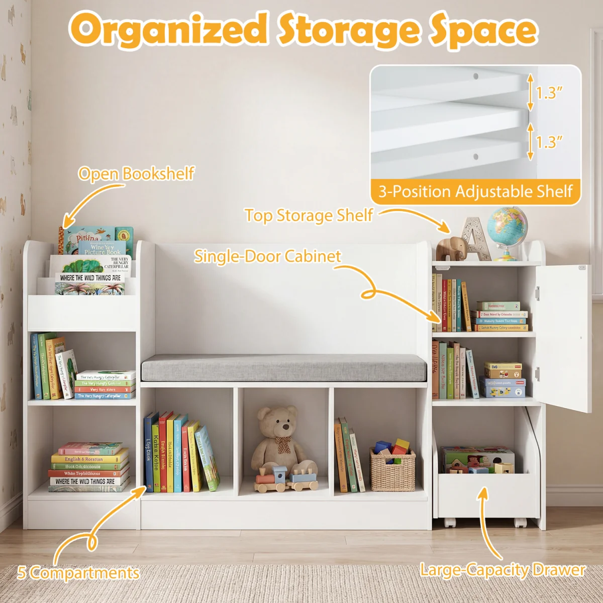 Kids Bookcase and Bookshelf with Reading Nook - White – image 7