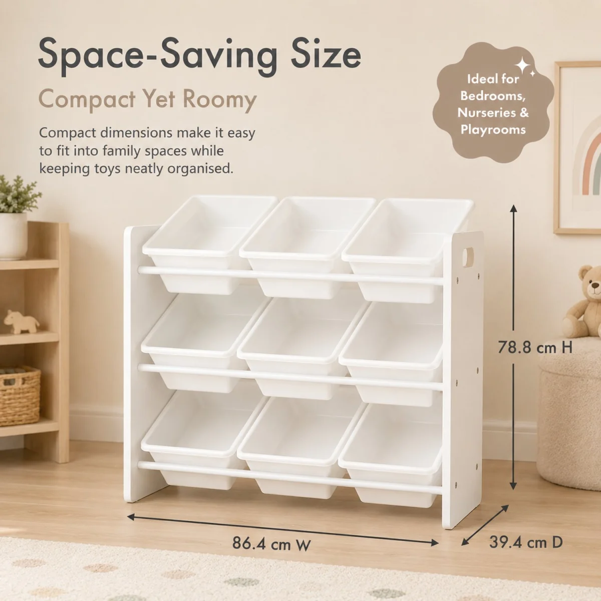 Kids Wooden Toy Storage Organiser with 9 BPA Free Removable Storage Bins White Playroom Unit - White – image 2