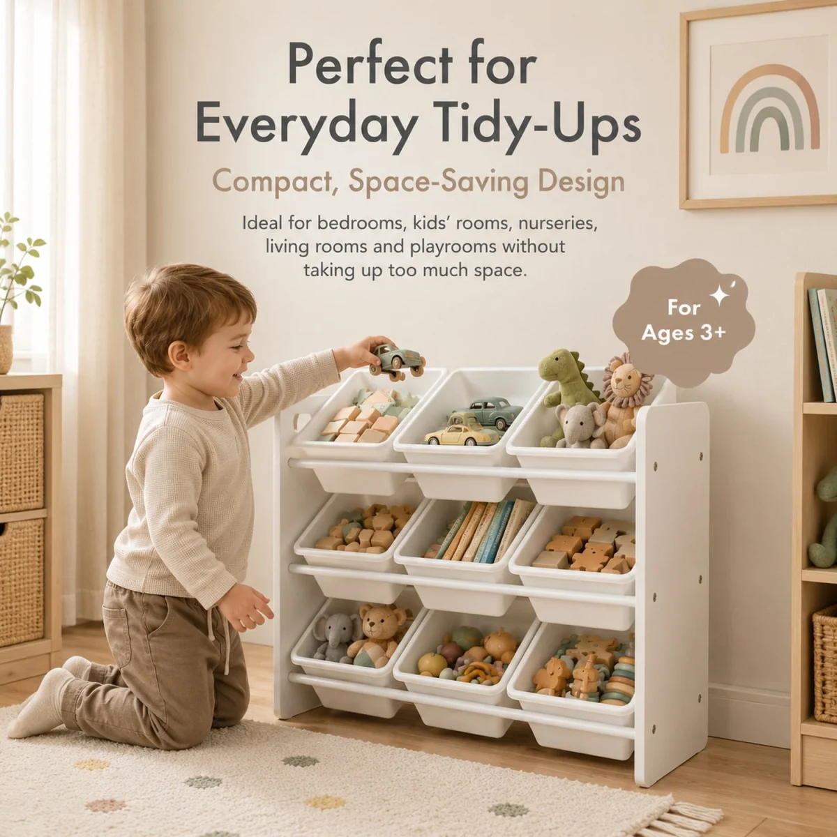 Kids Wooden Toy Storage Organiser with 9 BPA Free Removable Storage Bins White Playroom Unit - White – image 3