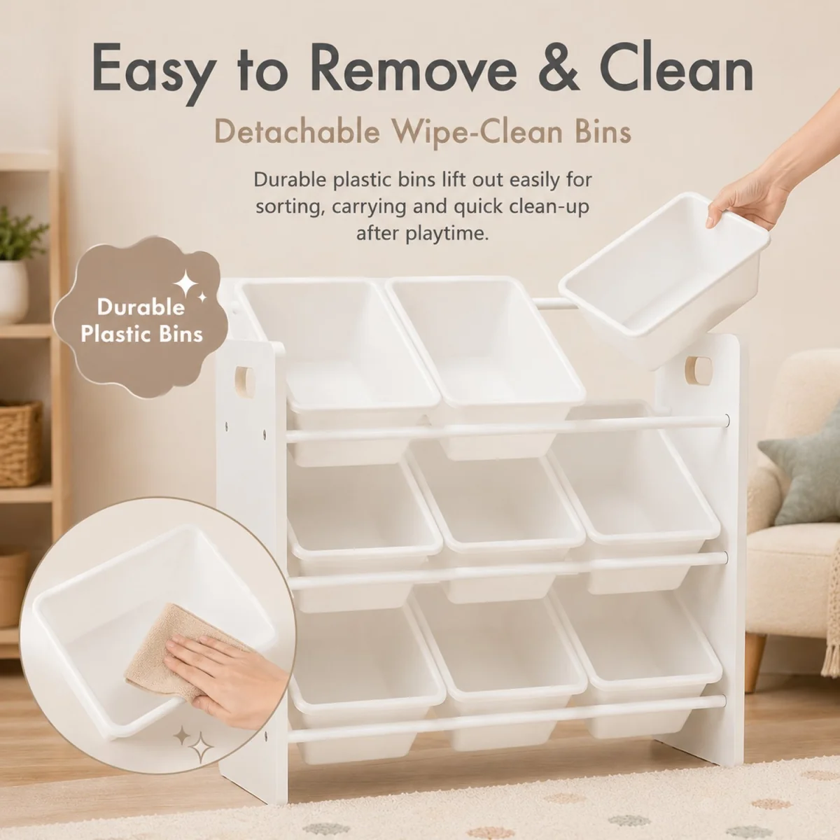 Kids Wooden Toy Storage Organiser with 9 BPA Free Removable Storage Bins White Playroom Unit - White – image 4