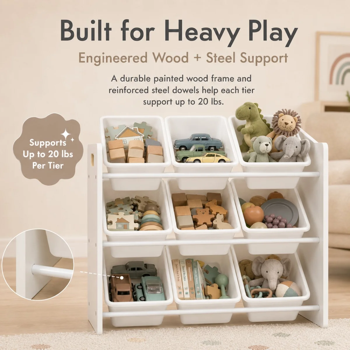 Kids Wooden Toy Storage Organiser with 9 BPA Free Removable Storage Bins White Playroom Unit - White – image 5