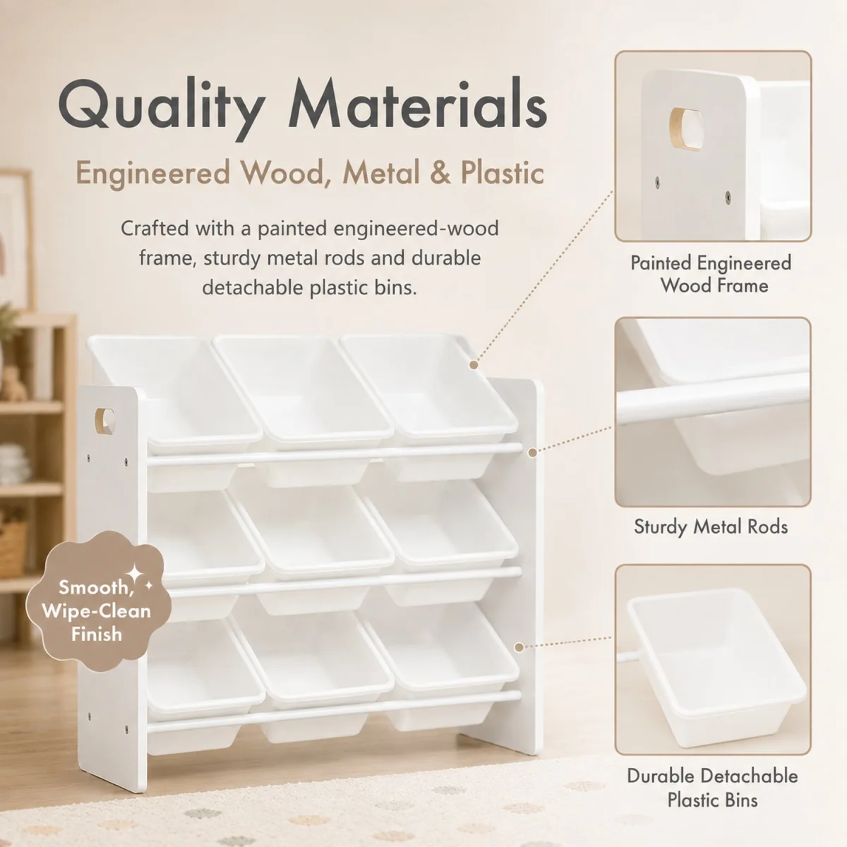 Kids Wooden Toy Storage Organiser with 9 BPA Free Removable Storage Bins White Playroom Unit - White – image 6