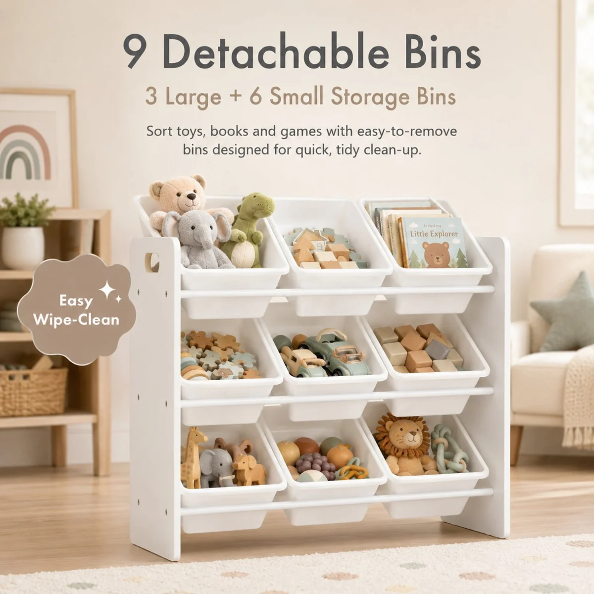 Kids Wooden Toy Storage Organiser with 9 BPA Free Removable Storage Bins White Playroom Unit - White – image 7