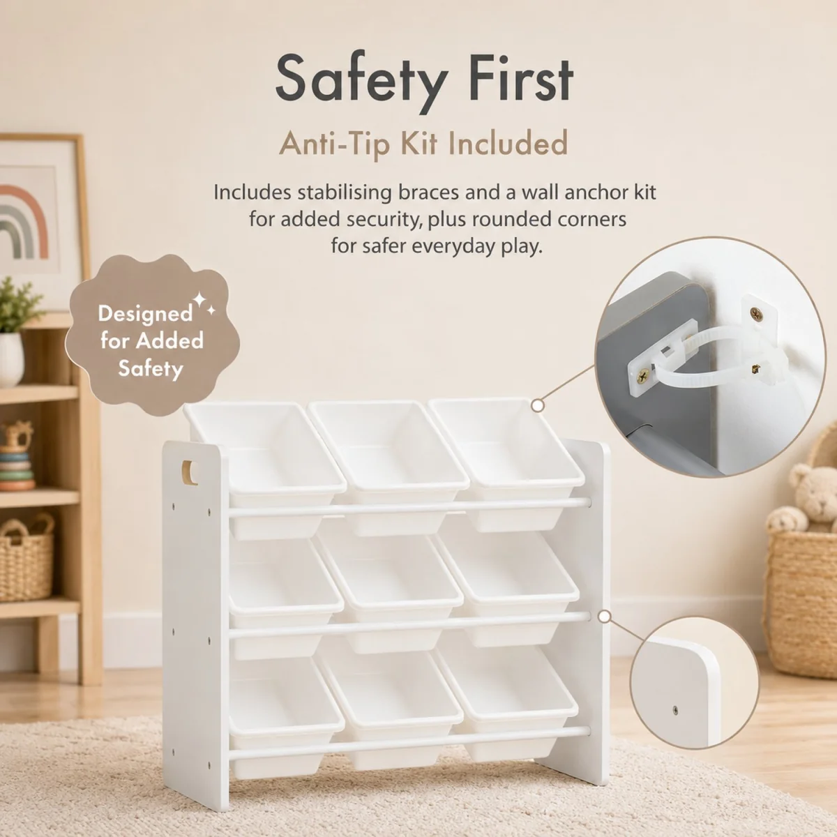 Kids Wooden Toy Storage Organiser with 9 BPA Free Removable Storage Bins White Playroom Unit - White – image 8