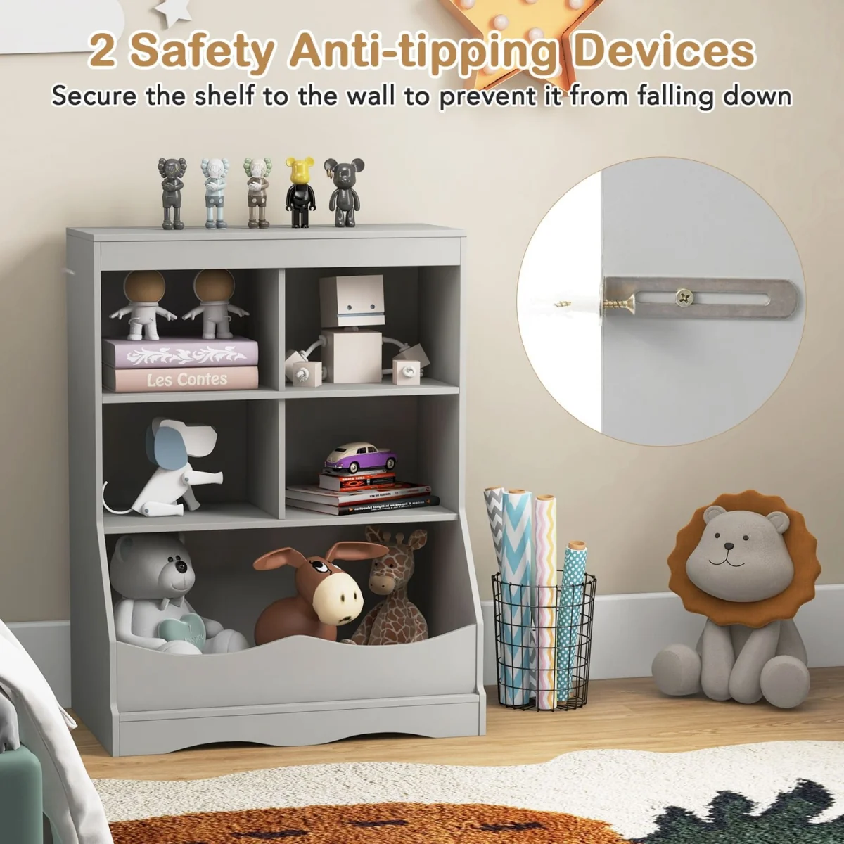 Kids Toy Storage Shelf with 5 Bins - Grey – image 6