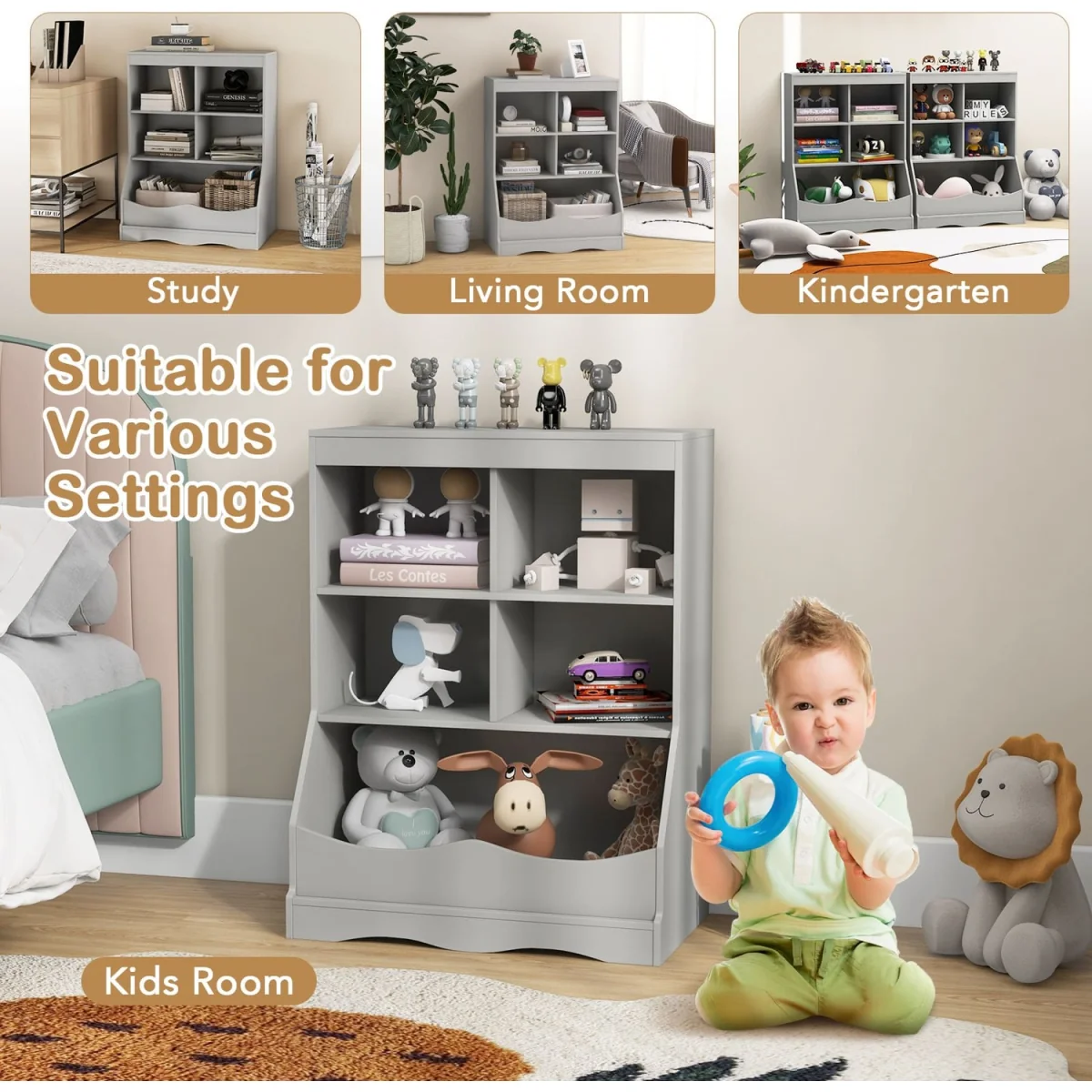 Kids Toy Storage Shelf with 5 Bins - Grey – image 7