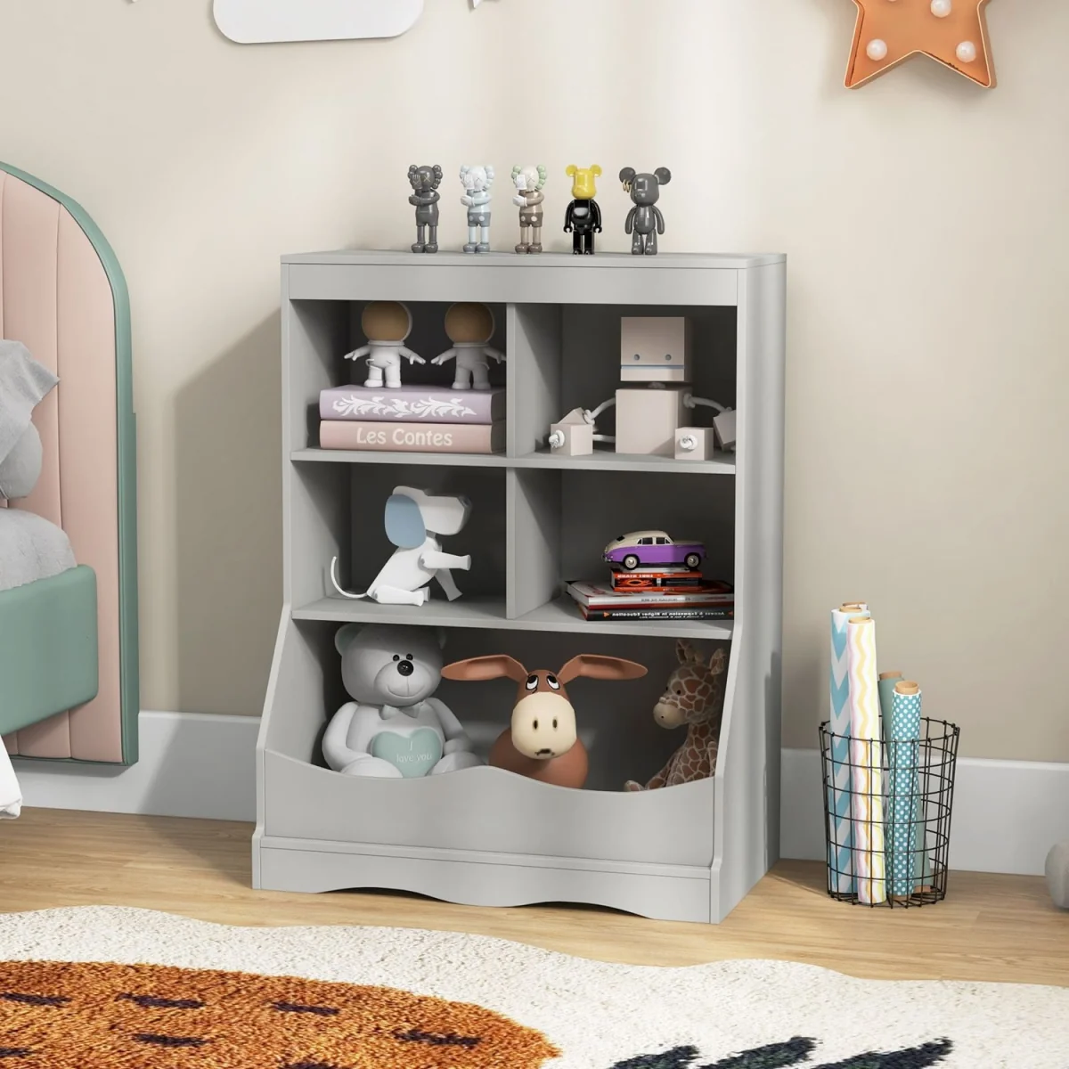 Kids Toy Storage Shelf with 5 Bins - Grey – image 8