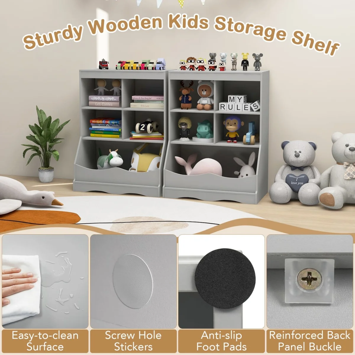 Kids Toy Storage Shelf with 5 Bins - Grey – image 9