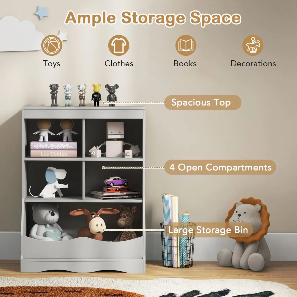 Kids Toy Storage Shelf with 5 Bins - Grey – image 10