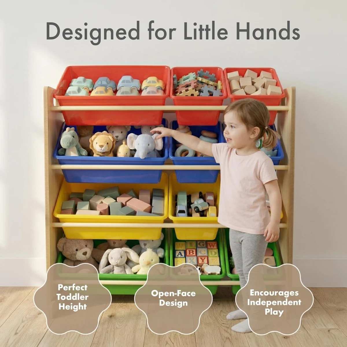 Kids Wooden Toy Storage Organiser with 12 Removable Rainbow Storage Bins Playroom Bedroom Set - Brown – image 11