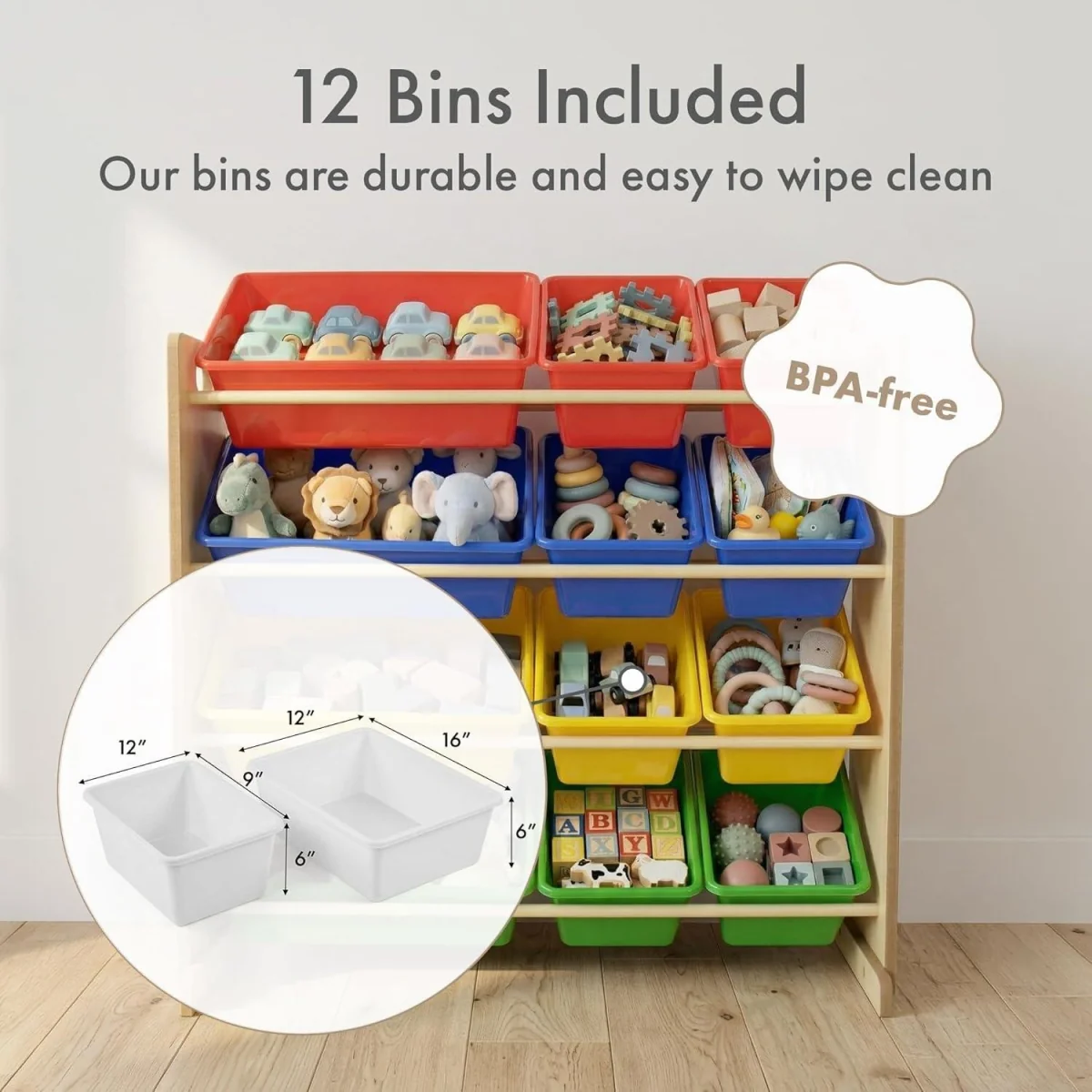 Kids Wooden Toy Storage Organiser with 12 Removable Rainbow Storage Bins Playroom Bedroom Set - Brown – image 12