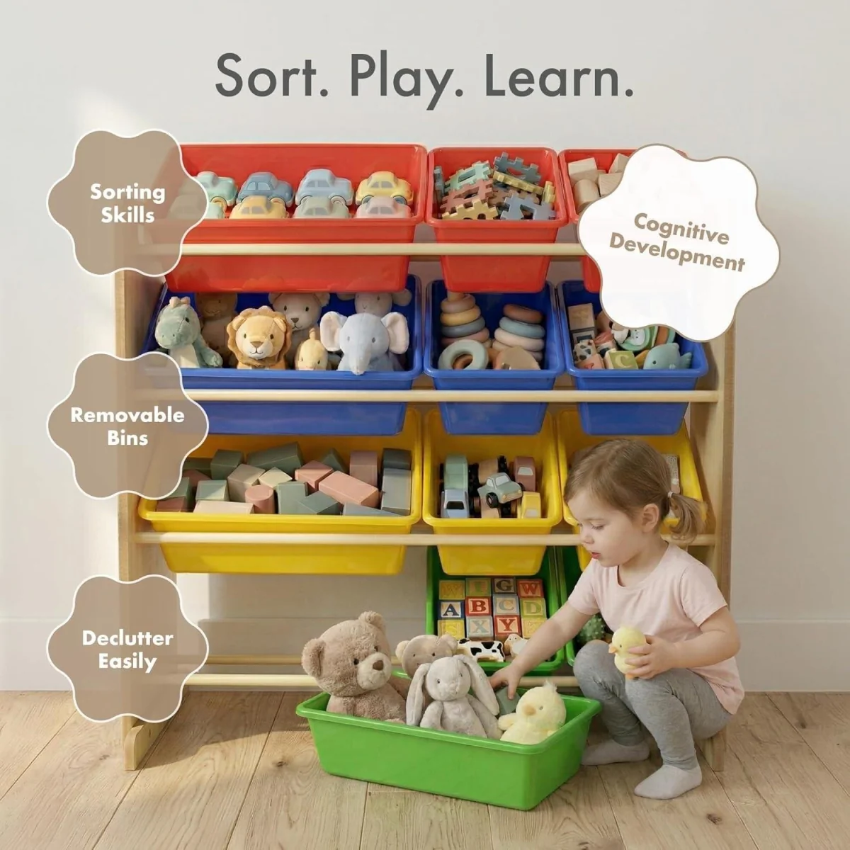 Kids Wooden Toy Storage Organiser with 12 Removable Rainbow Storage Bins Playroom Bedroom Set - Brown – image 14