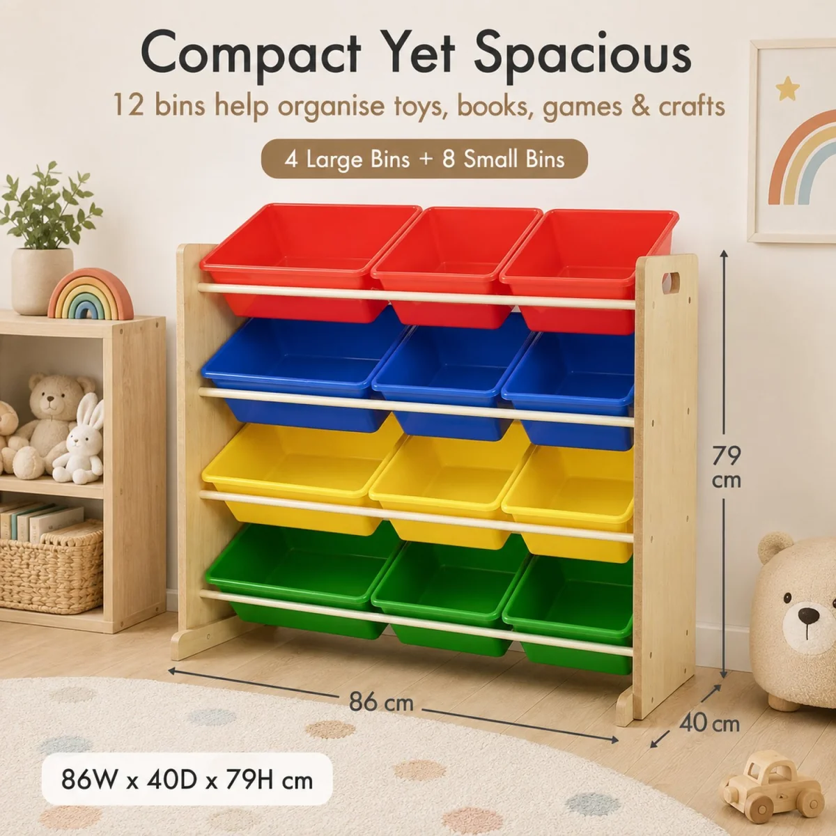 Kids Wooden Toy Storage Organiser with 12 Removable Rainbow Storage Bins Playroom Bedroom Set - Brown – image 4