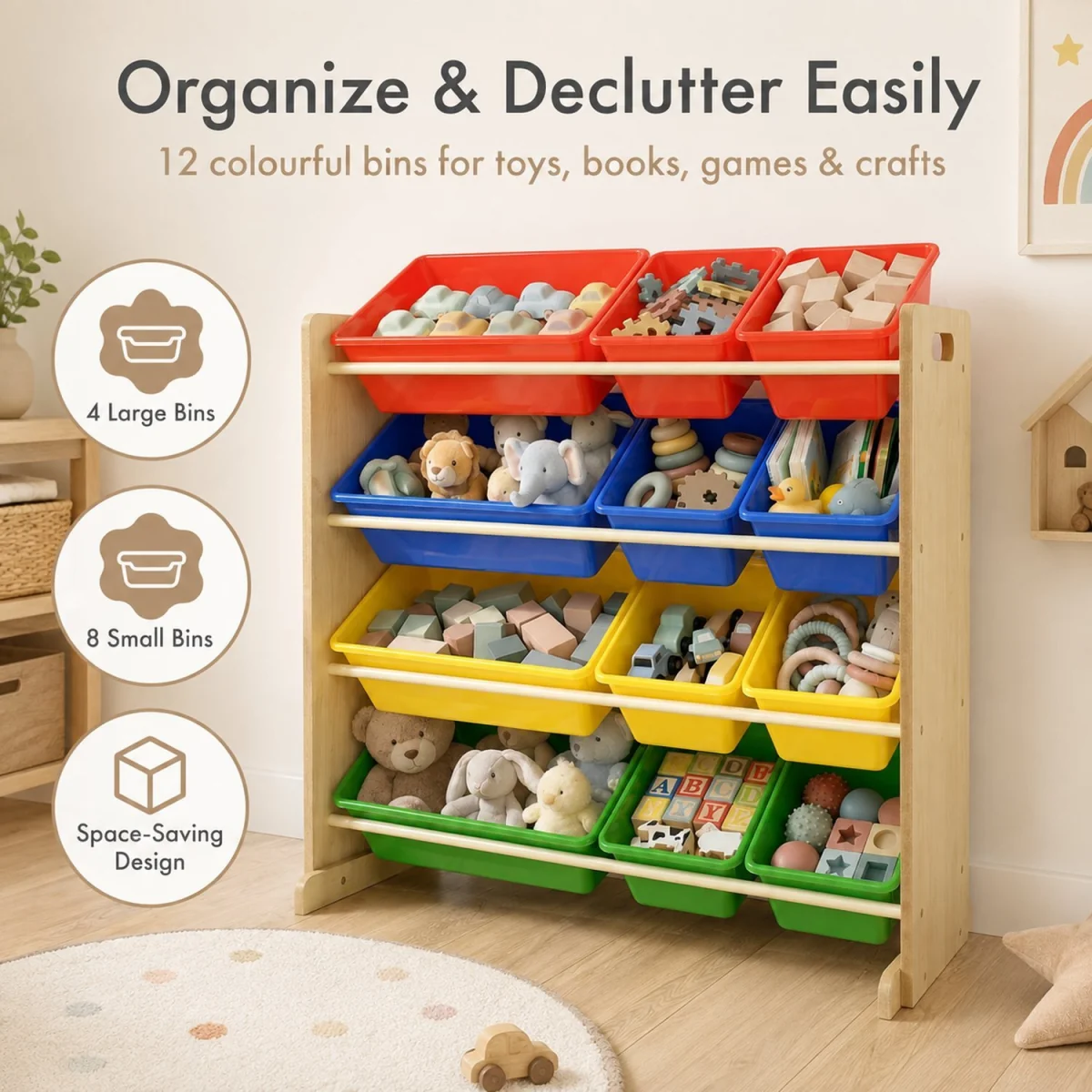 Kids Wooden Toy Storage Organiser with 12 Removable Rainbow Storage Bins Playroom Bedroom Set - Brown – image 5