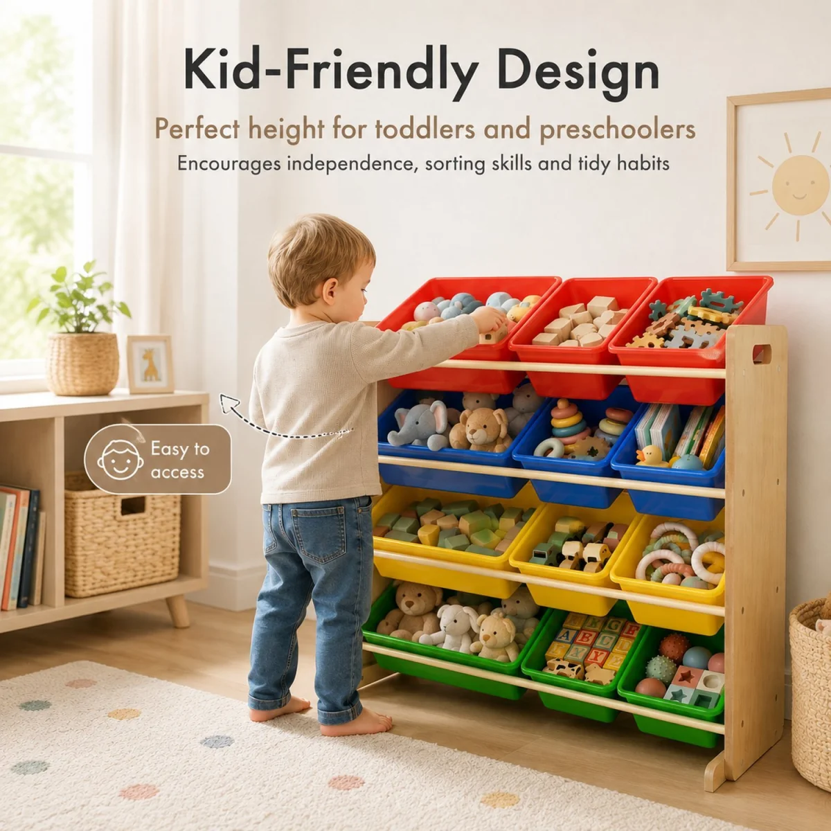 Kids Wooden Toy Storage Organiser with 12 Removable Rainbow Storage Bins Playroom Bedroom Set - Brown – image 6