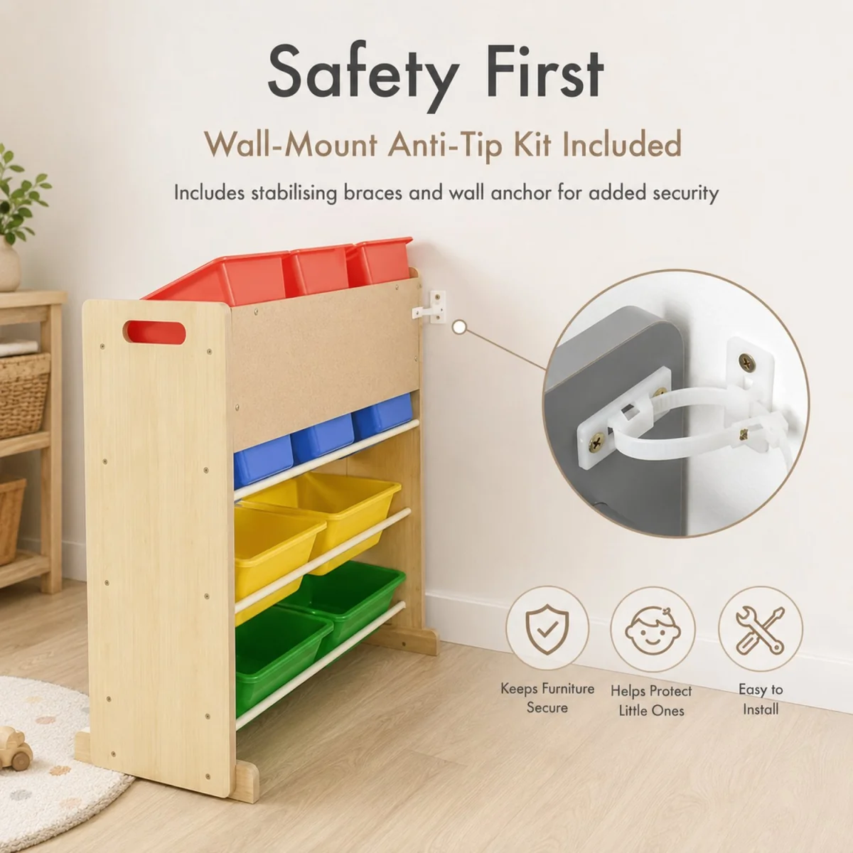 Kids Wooden Toy Storage Organiser with 12 Removable Rainbow Storage Bins Playroom Bedroom Set - Brown – image 7