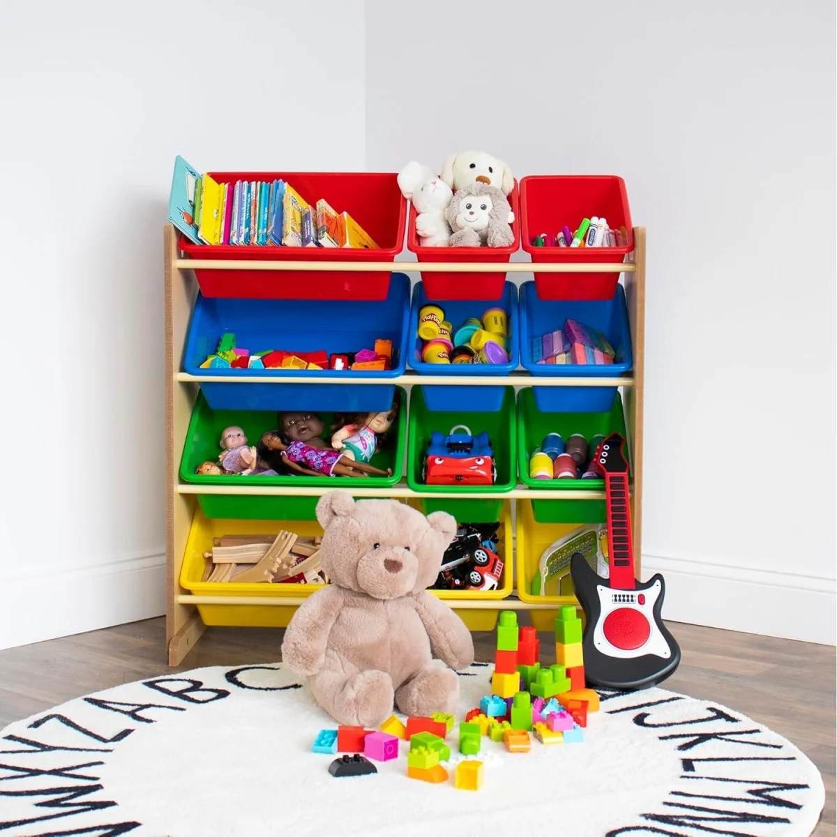 Kids Wooden Toy Storage Organiser with 12 Removable Rainbow Storage Bins Playroom Bedroom Set - Brown – image 8