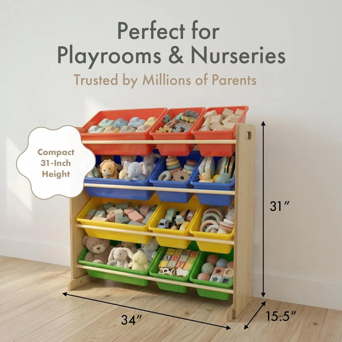 Kids Wooden Toy Storage Organiser with 12 Removable Rainbow Storage Bins Playroom Bedroom Set - Brown – image 9