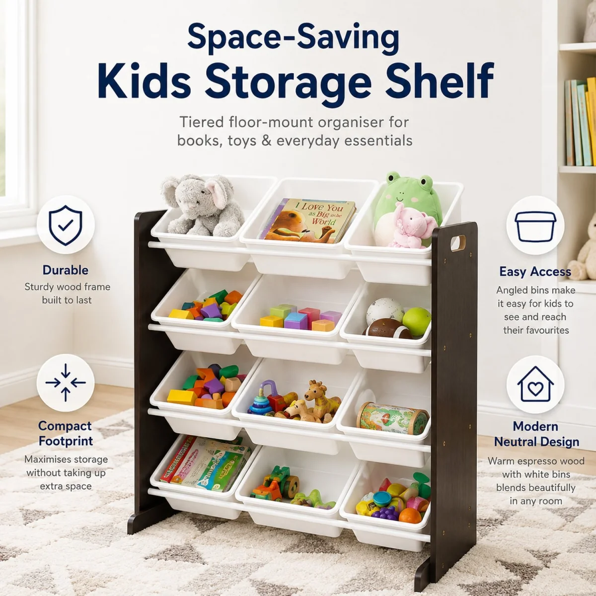 Kids Wooden Toy Storage Organiser with 12 Bins Espresso Brown Frame and White Bins Playroom Unit - White – image 3