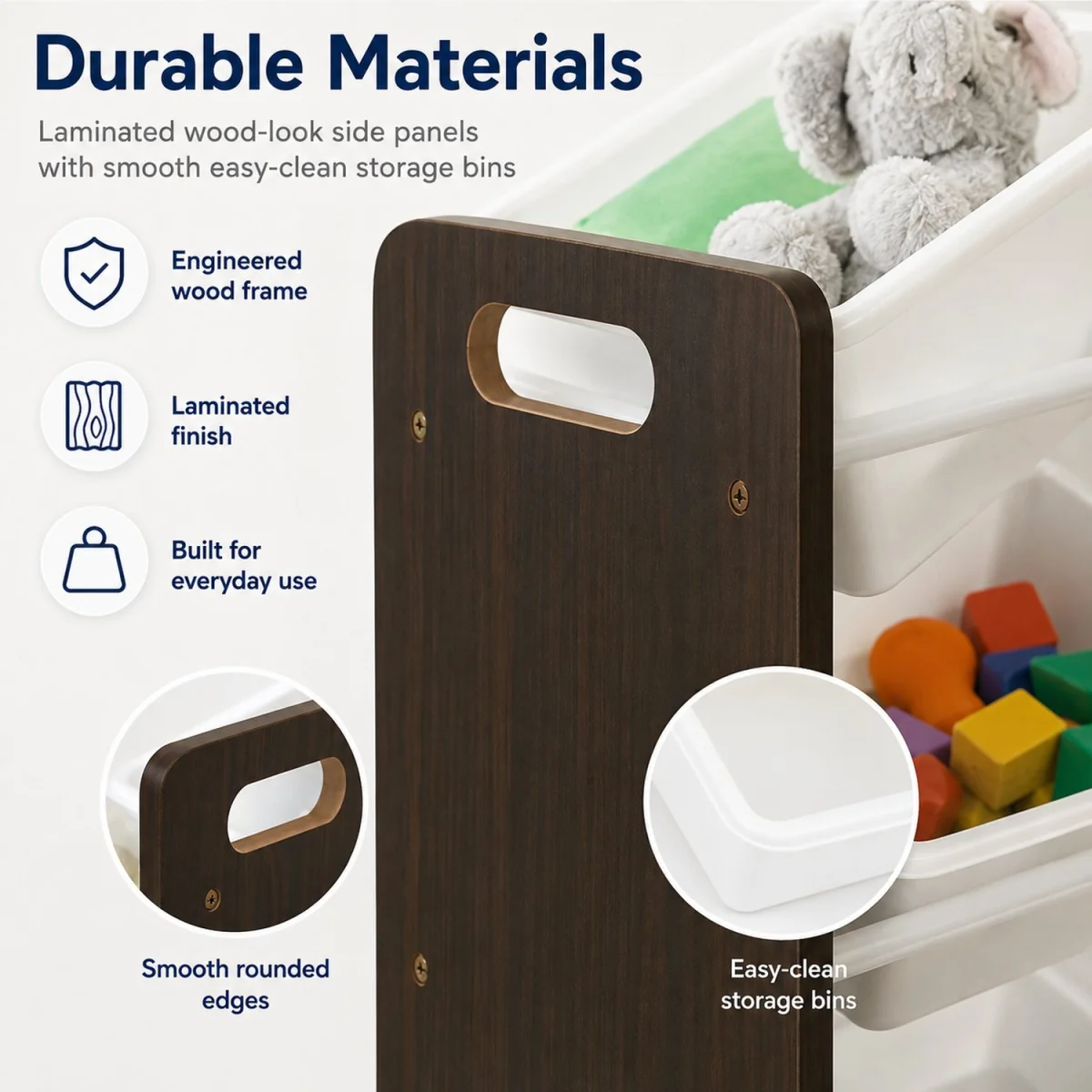 Kids Wooden Toy Storage Organiser with 12 Bins Espresso Brown Frame and White Bins Playroom Unit - White – image 4