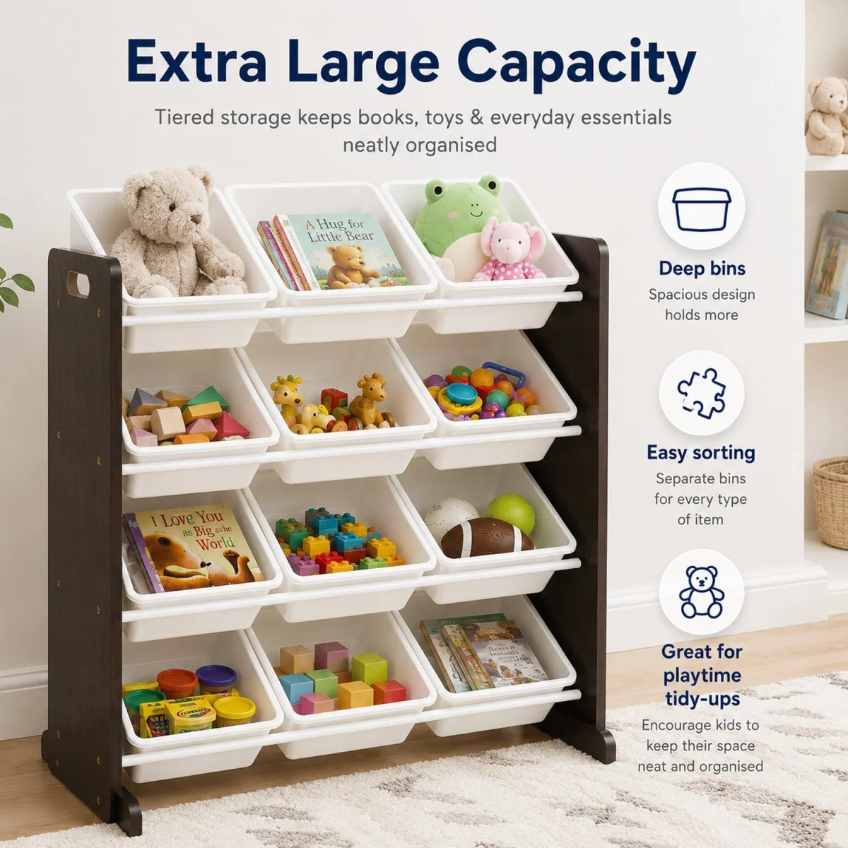 Kids Wooden Toy Storage Organiser with 12 Bins Espresso Brown Frame and White Bins Playroom Unit - White – image 5