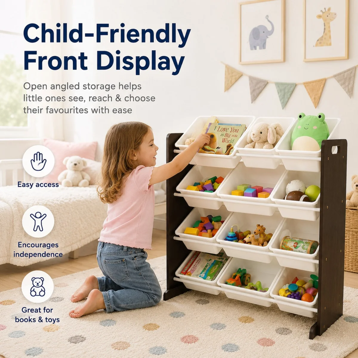 Kids Wooden Toy Storage Organiser with 12 Bins Espresso Brown Frame and White Bins Playroom Unit - White – image 6