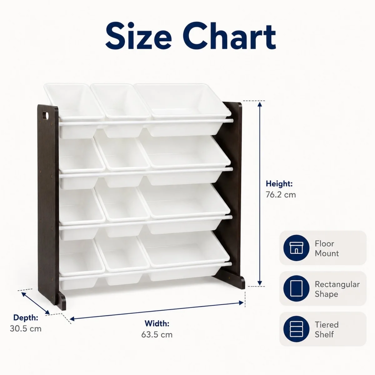 Kids Wooden Toy Storage Organiser with 12 Bins Espresso Brown Frame and White Bins Playroom Unit - White – image 7