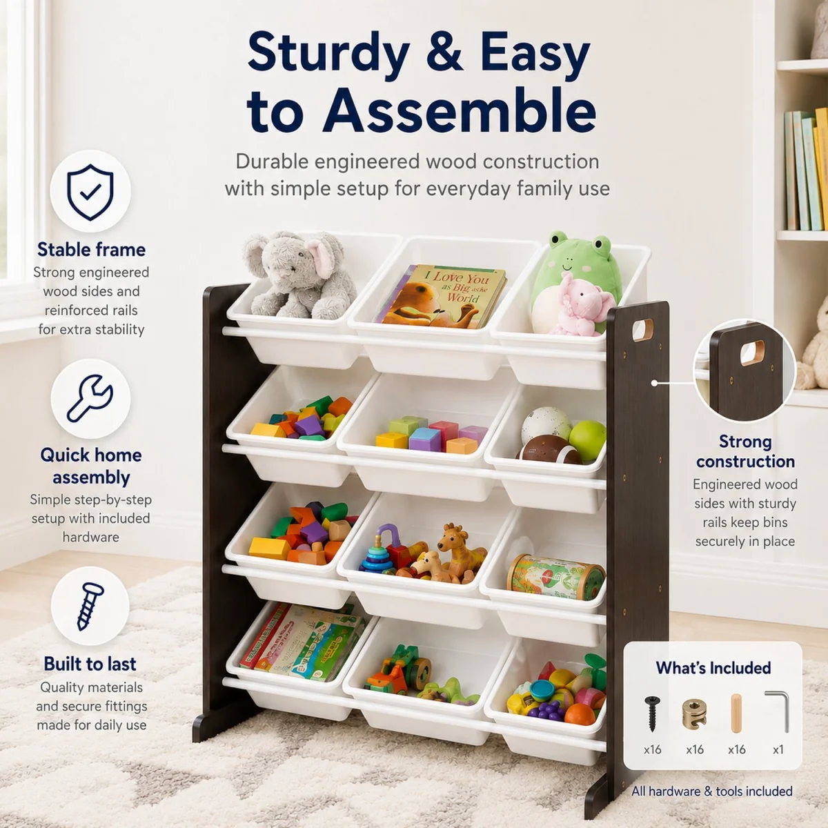 Kids Wooden Toy Storage Organiser with 12 Bins Espresso Brown Frame and White Bins Playroom Unit - White – image 8