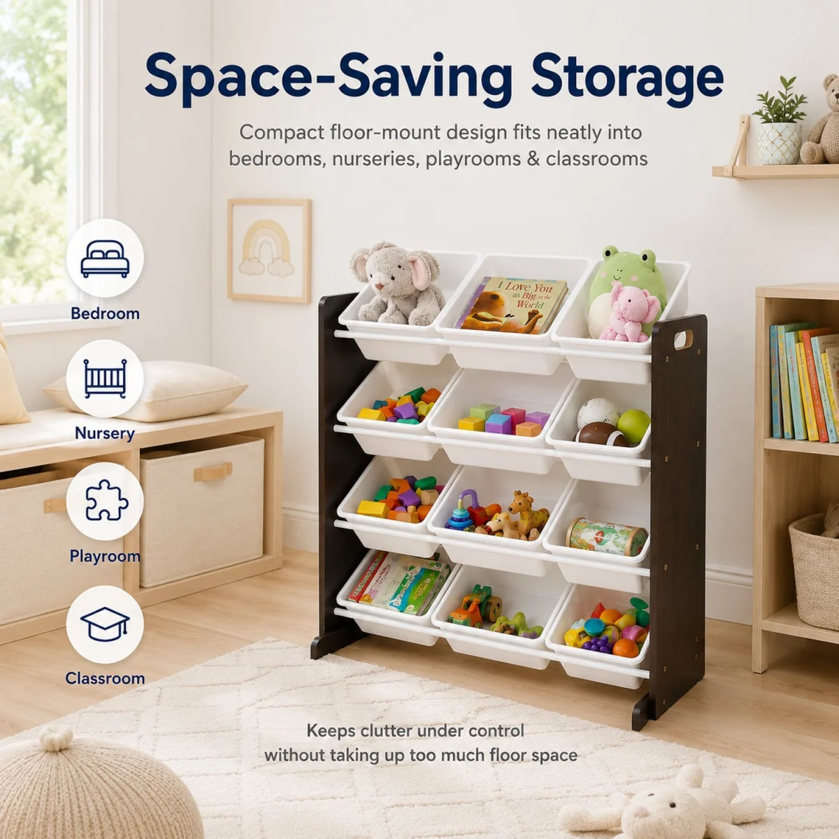 Kids Wooden Toy Storage Organiser with 12 Bins Espresso Brown Frame and White Bins Playroom Unit - White – image 9