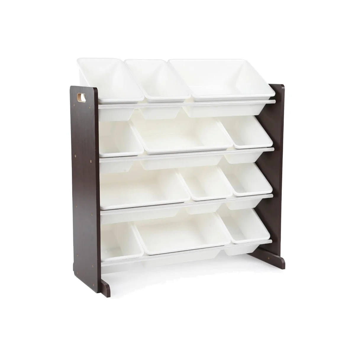 Kids Wooden Toy Storage Organiser with 12 Bins Espresso Brown Frame and White Bins Playroom Unit - White – image 1