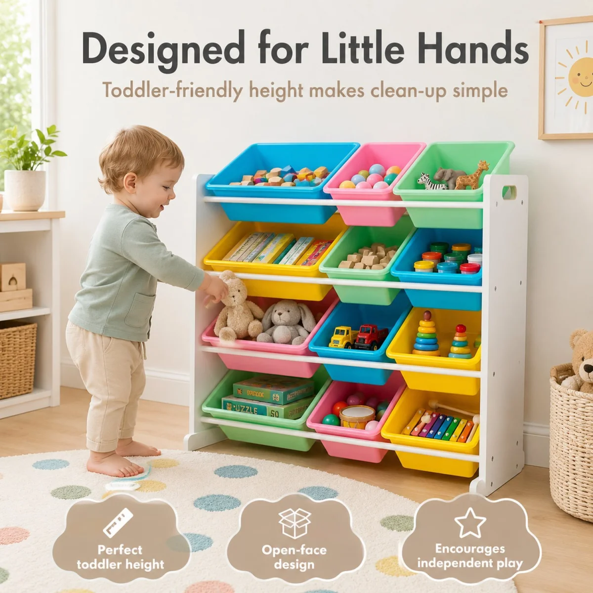 Kids Wooden Toy Storage Organiser Unit with 12 Removable BPA-Free Storage Bins White Playroom - White – image 2
