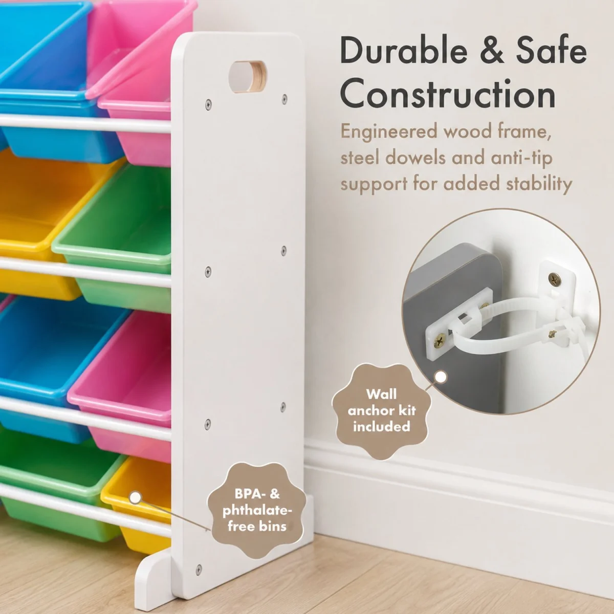 Kids Wooden Toy Storage Organiser Unit with 12 Removable BPA-Free Storage Bins White Playroom - White – image 4