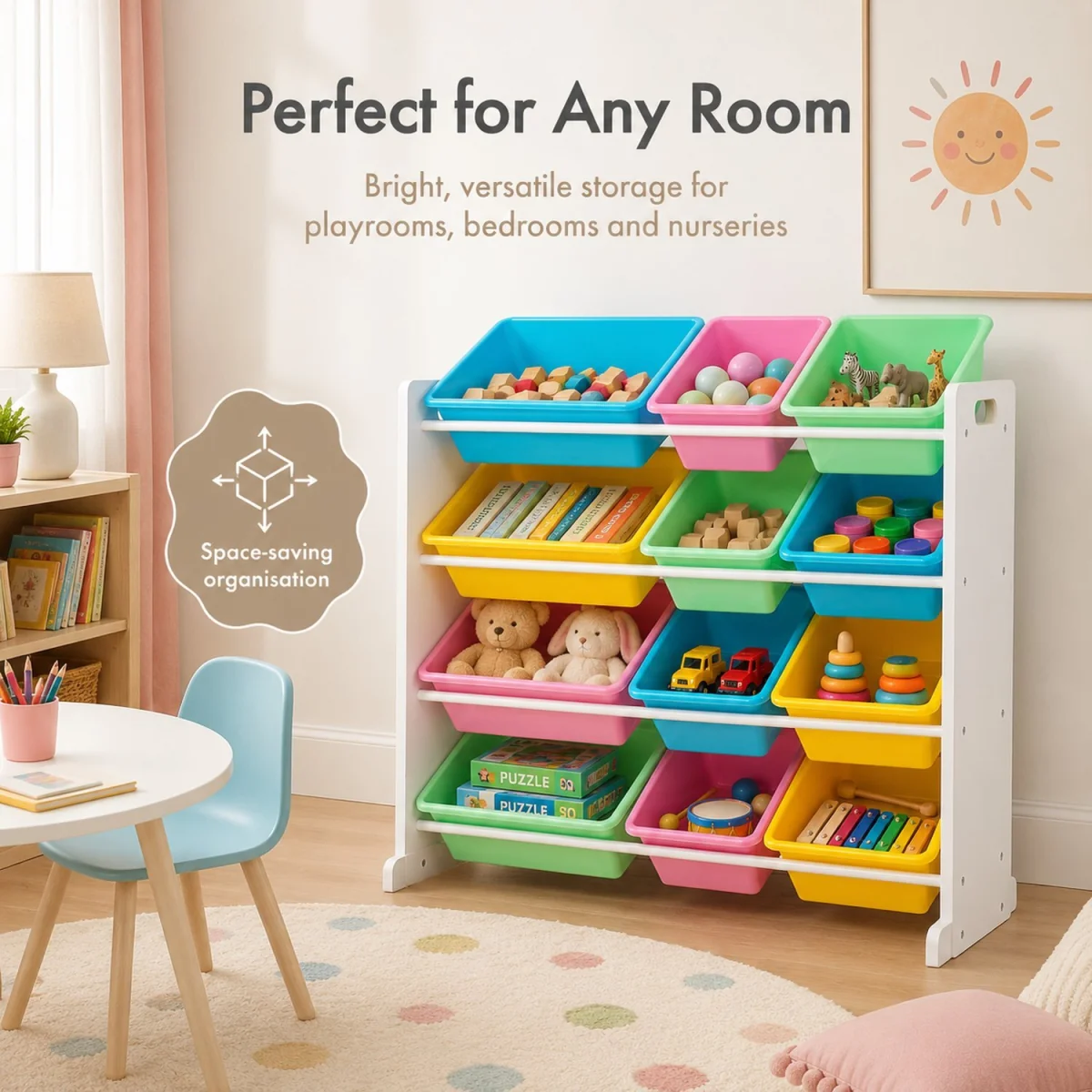 Kids Wooden Toy Storage Organiser Unit with 12 Removable BPA-Free Storage Bins White Playroom - White – image 5