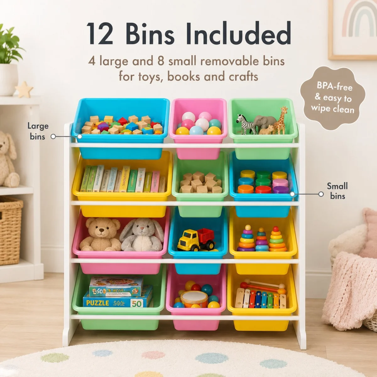 Kids Wooden Toy Storage Organiser Unit with 12 Removable BPA-Free Storage Bins White Playroom - White – image 6
