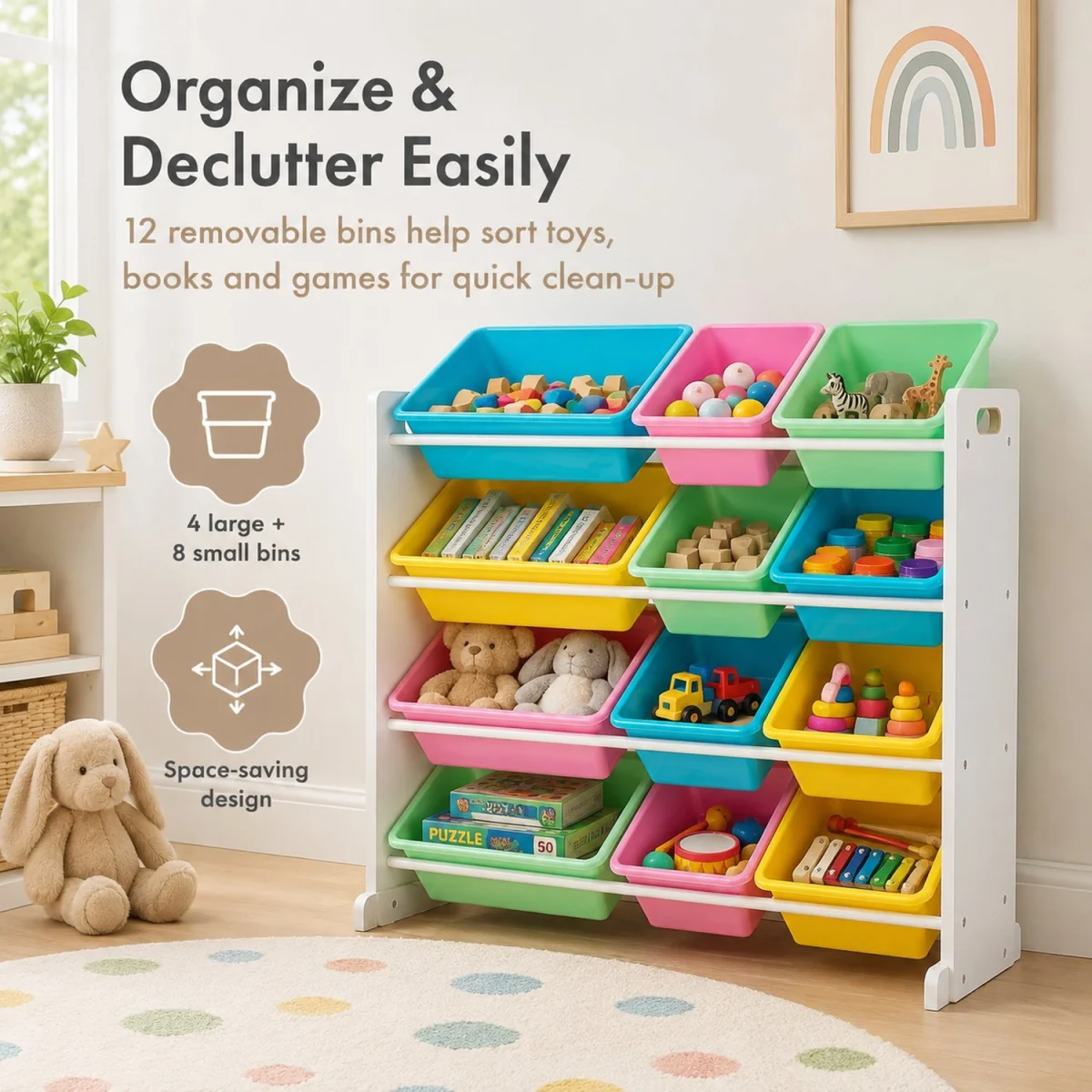 Kids Wooden Toy Storage Organiser Unit with 12 Removable BPA-Free Storage Bins White Playroom - White – image 7