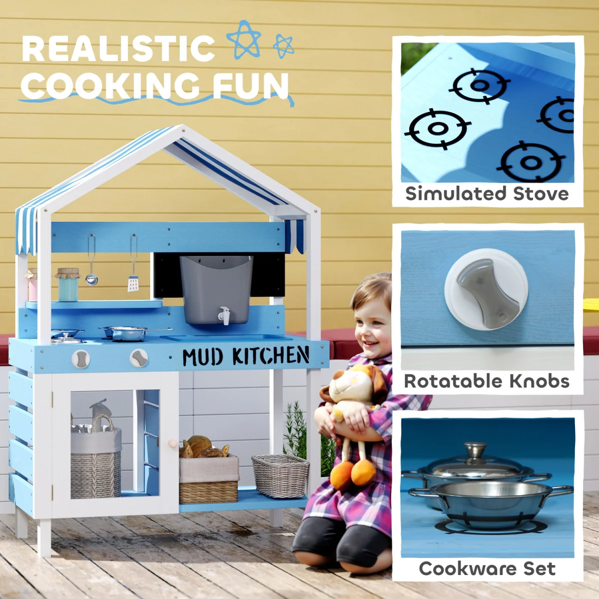 AIYAPLAY Kids Mud Kitchen Stoves Sink Faucet Storage Shelves Blue - Blue – image 6