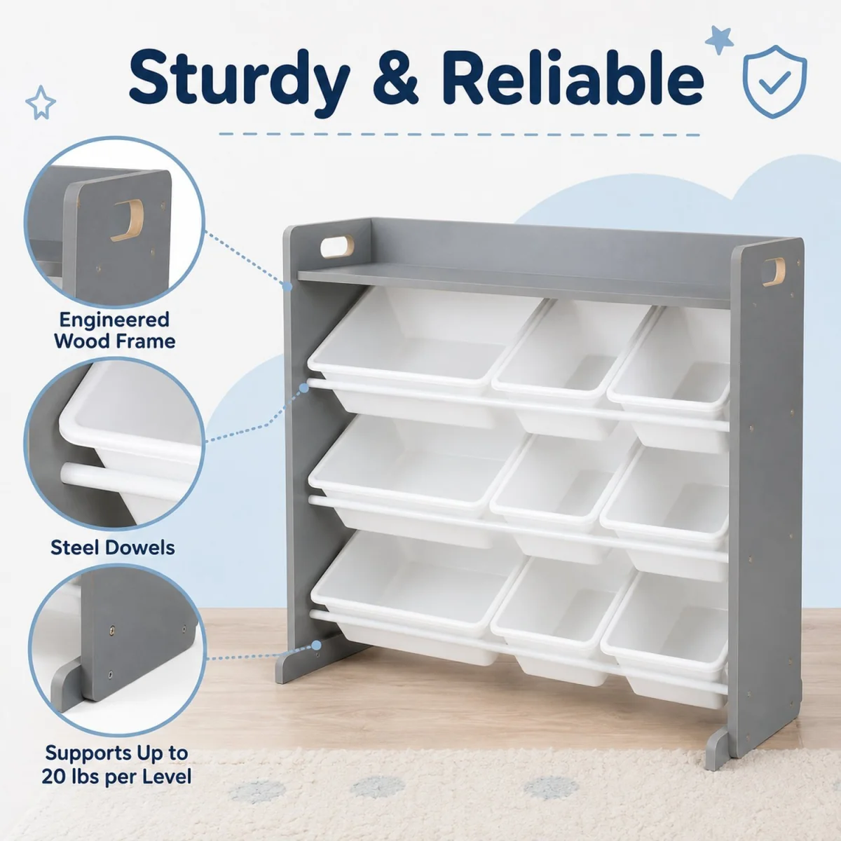 Kids Wooden Toy Storage Organiser Shelf Unit with 9 Interchangeable Storage Bins Grey White - Grey – image 2