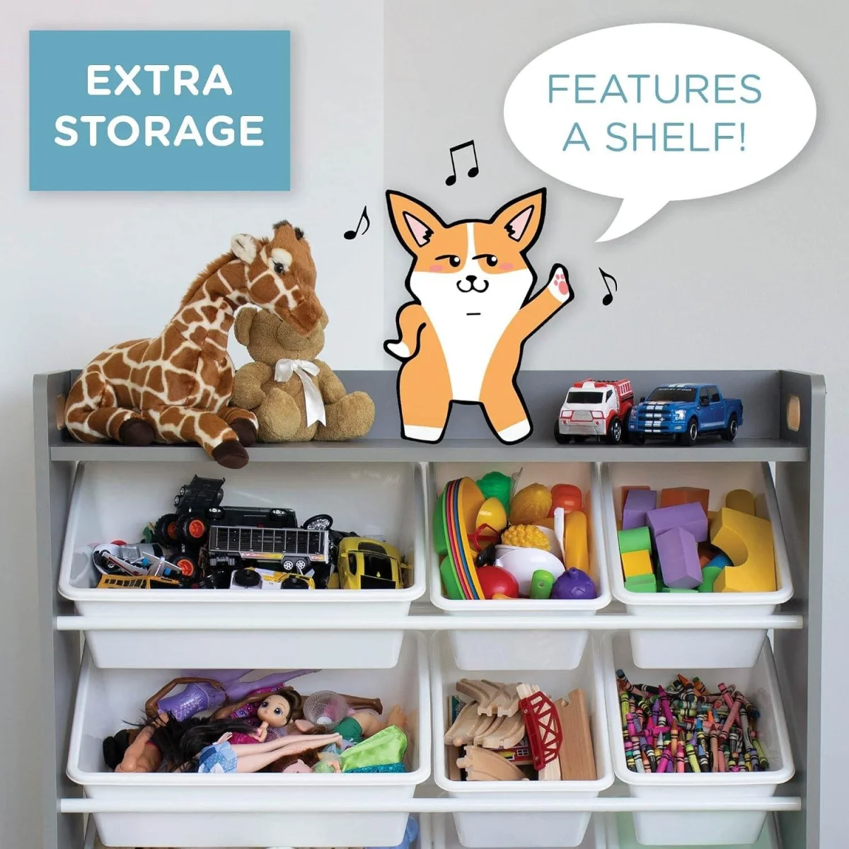 Kids Wooden Toy Storage Organiser Shelf Unit with 9 Interchangeable Storage Bins Grey White - Grey – image 11