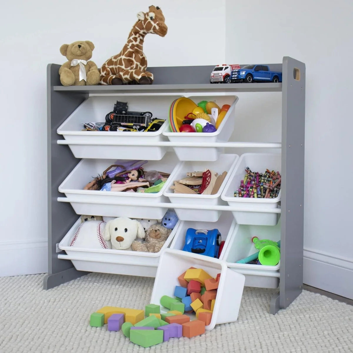 Kids Wooden Toy Storage Organiser Shelf Unit with 9 Interchangeable Storage Bins Grey White - Grey – image 13