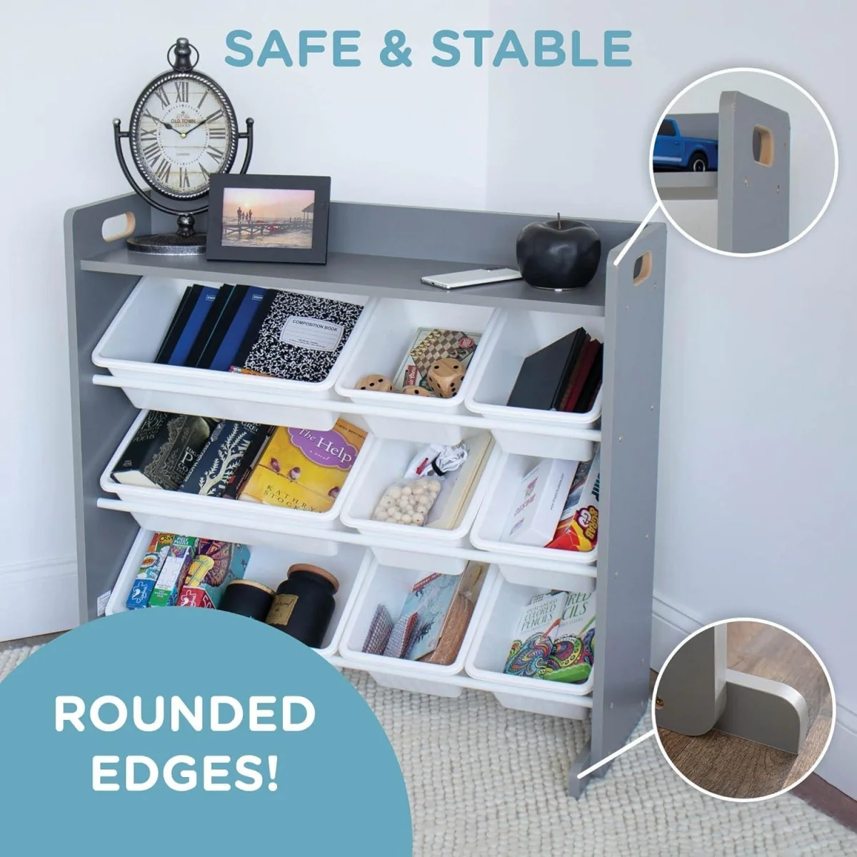 Kids Wooden Toy Storage Organiser Shelf Unit with 9 Interchangeable Storage Bins Grey White - Grey – image 14