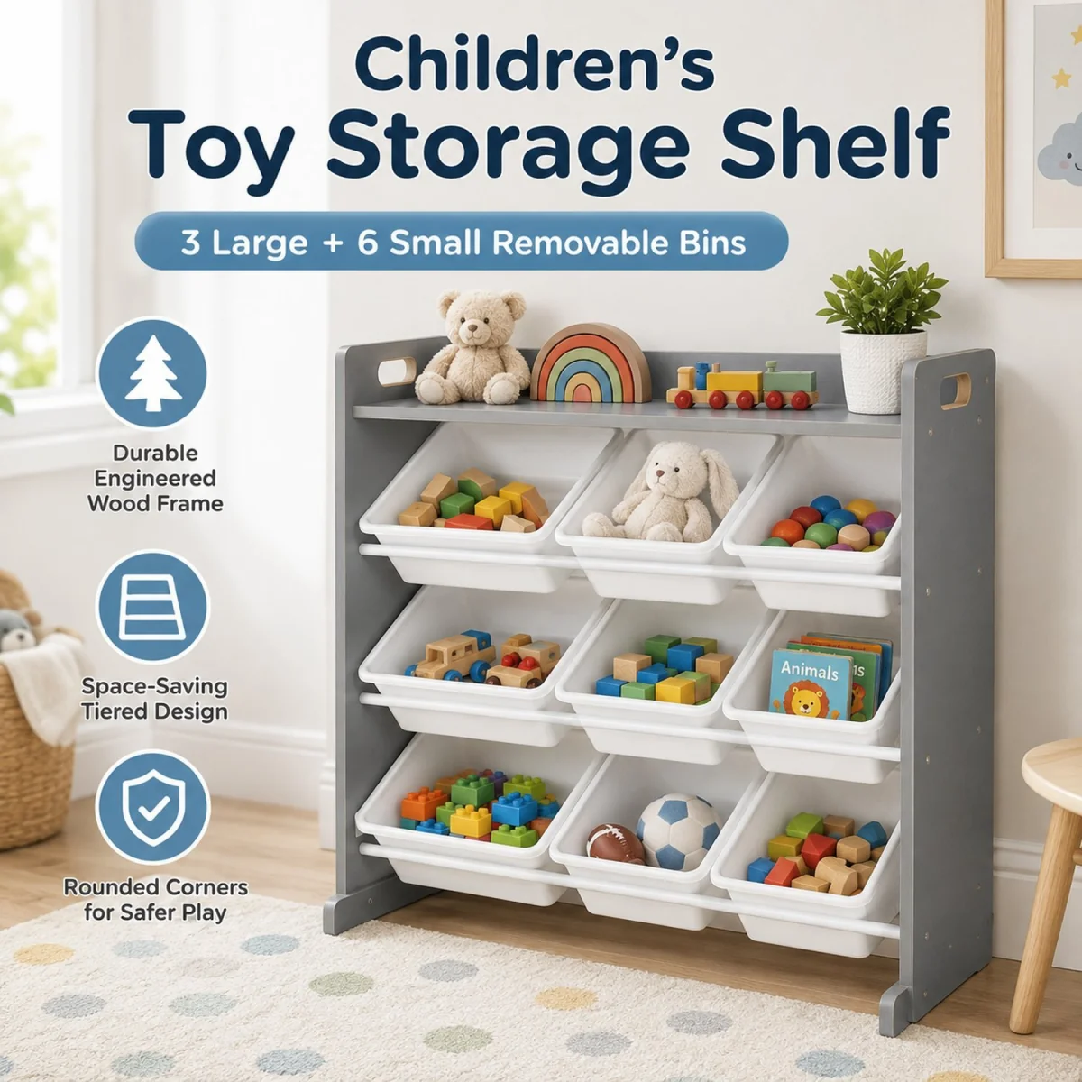 Kids Wooden Toy Storage Organiser Shelf Unit with 9 Interchangeable Storage Bins Grey White - Grey – image 4