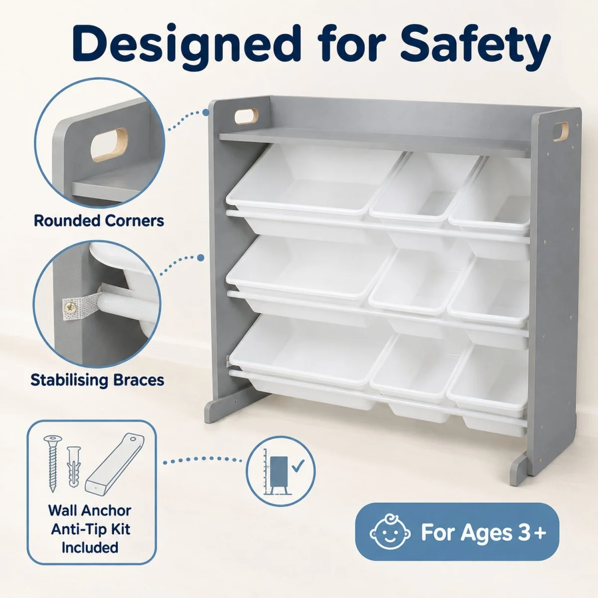 Kids Wooden Toy Storage Organiser Shelf Unit with 9 Interchangeable Storage Bins Grey White - Grey – image 5