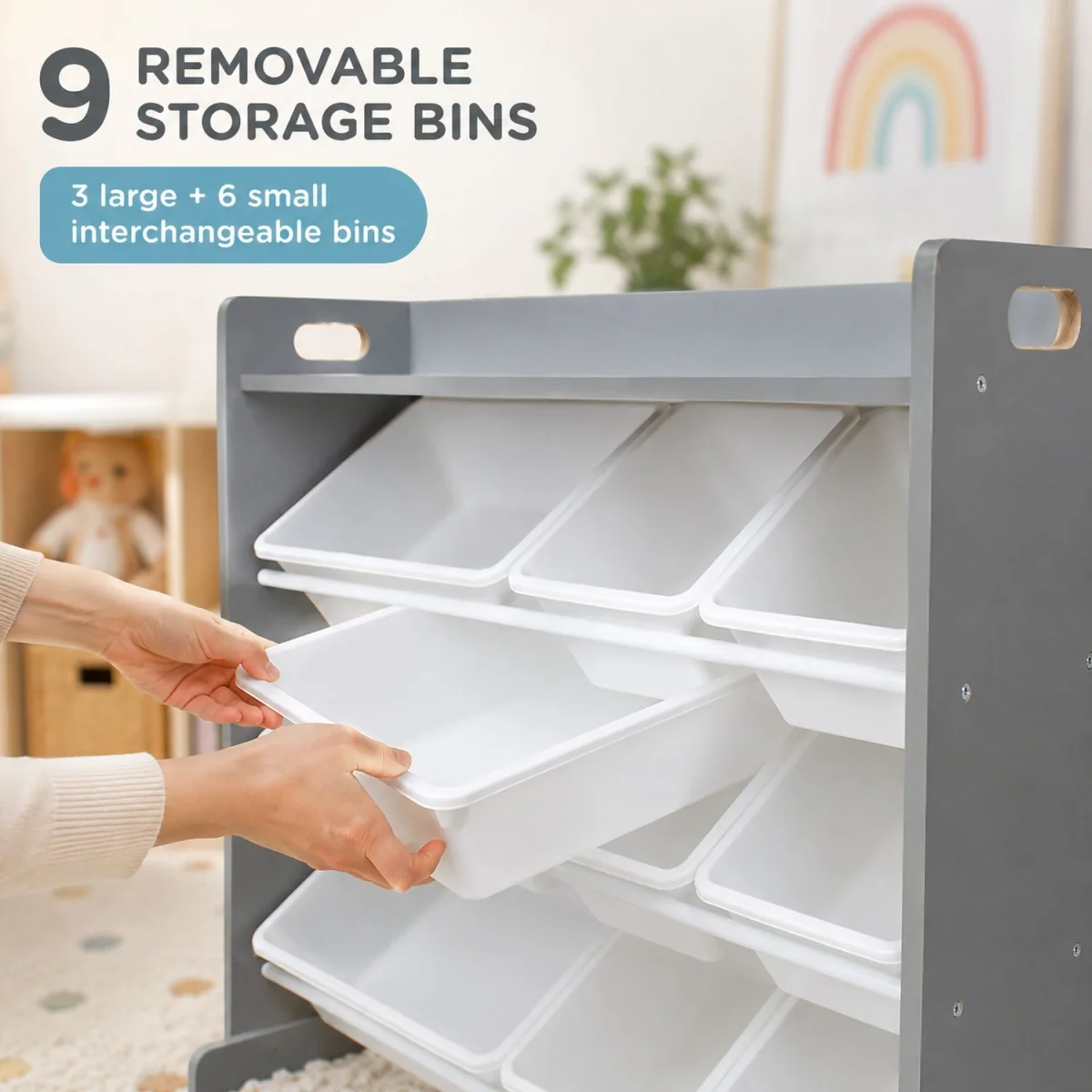 Kids Wooden Toy Storage Organiser Shelf Unit with 9 Interchangeable Storage Bins Grey White - Grey – image 6