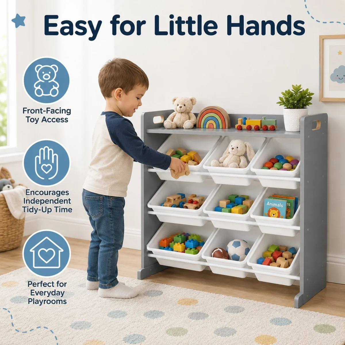 Kids Wooden Toy Storage Organiser Shelf Unit with 9 Interchangeable Storage Bins Grey White - Grey – image 7