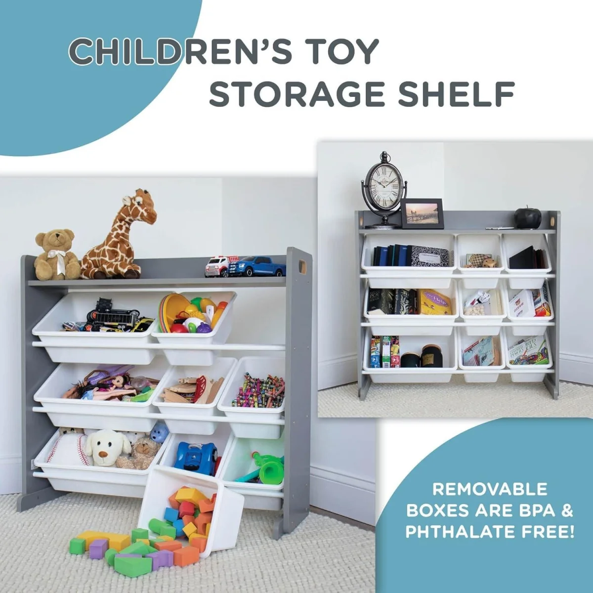 Kids Wooden Toy Storage Organiser Shelf Unit with 9 Interchangeable Storage Bins Grey White - Grey – image 10