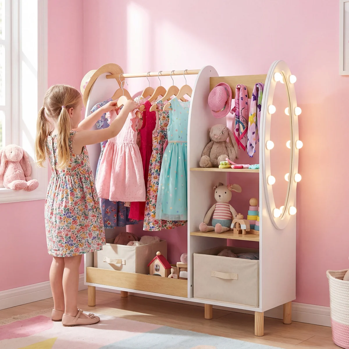 Kids Open Hangin Dress Up Storage with Mirror and Lights - Brown – image 2