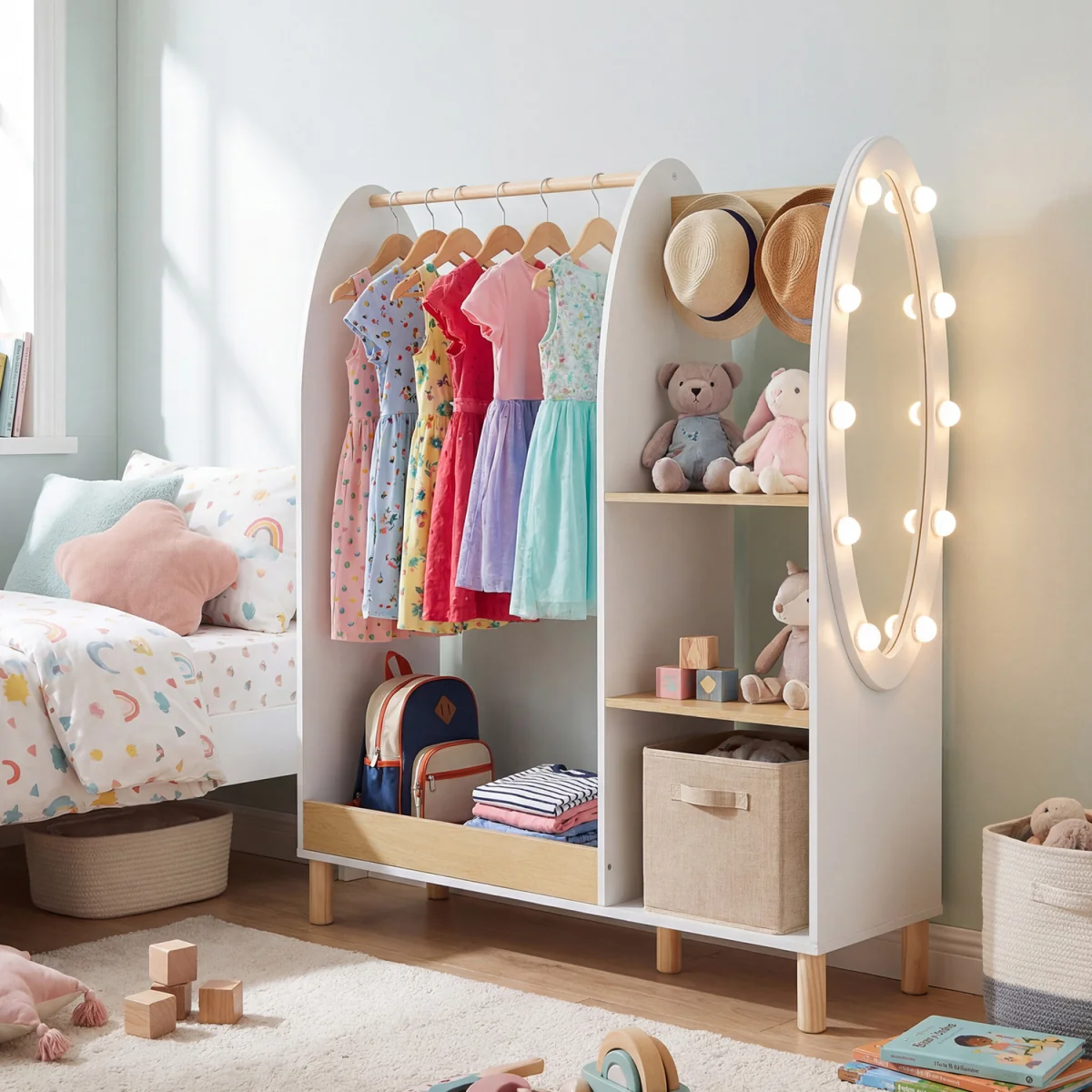Kids Open Hangin Dress Up Storage with Mirror and Lights - Brown – image 5